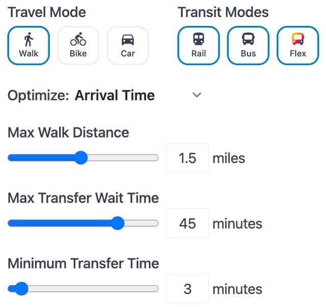 Example of advanced trip planner options